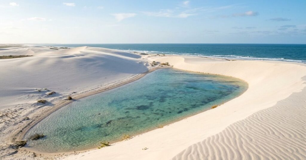 Campos de dunas por quase toda a extensão, manguezais, lagoas temporárias e uma formação rochosa que virou cartão-postal: o parque cearense de 8,8 mil hectares onde o Serrote chega a 95 metros de altitude